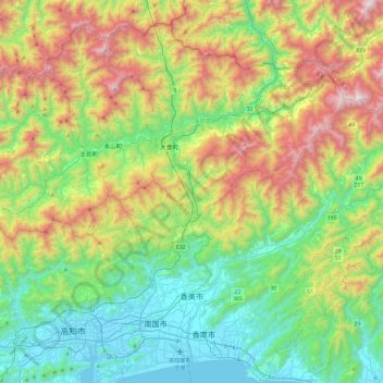 Топографическая карта 香美市, высота, рельеф