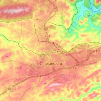 Топографическая карта Christiansburg, высота, рельеф