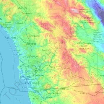 Топографическая карта San Diego County, высота, рельеф
