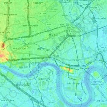 Топографическая карта London Borough of Tower Hamlets, высота, рельеф