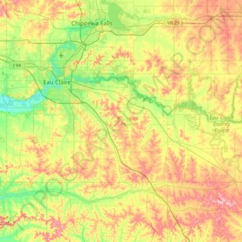 Топографическая карта Eau Claire County, высота, рельеф