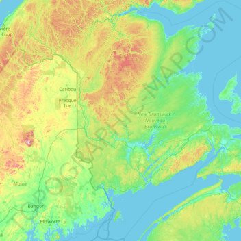 Топографическая карта New Brunswick, высота, рельеф
