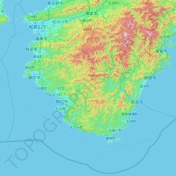 Топографическая карта Вакаяма, высота, рельеф