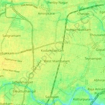 Топографическая карта Zone 10 Kodambakkam, высота, рельеф