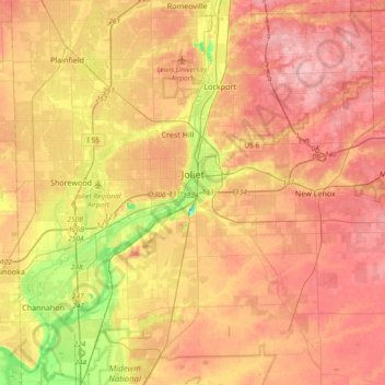 Топографическая карта Joliet, высота, рельеф