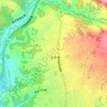 Топографическая карта 吉野二丁目, высота, рельеф