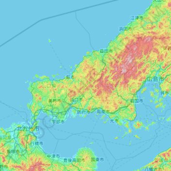 Топографическая карта 山口县, высота, рельеф