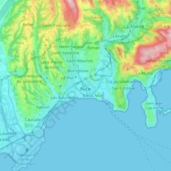 Топографическая карта Ницца, высота, рельеф
