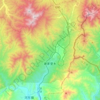 Топографическая карта 谢家堡乡, высота, рельеф