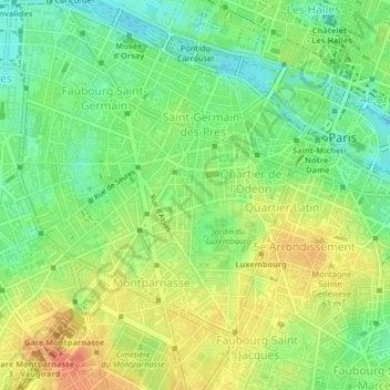 Топографическая карта Paris 6e Arrondissement, высота, рельеф