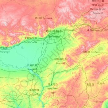 Топографическая карта 呼和浩特市, высота, рельеф