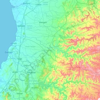 Топографическая карта Valsad, высота, рельеф