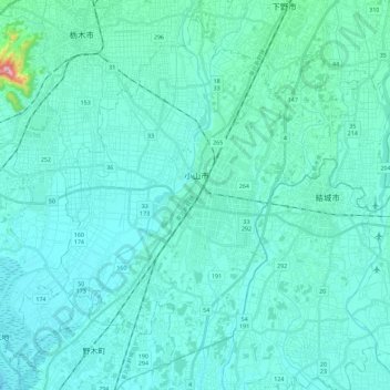 Топографическая карта Ояма, высота, рельеф