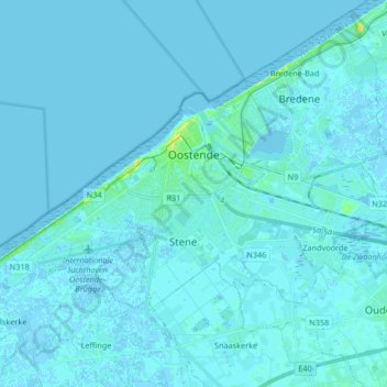 Топографическая карта Oostende, высота, рельеф