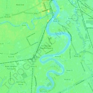 Топографическая карта Fort Rouge–East Fort Garry, высота, рельеф