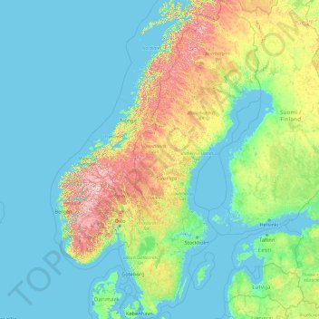 Топографическая карта Швеция, высота, рельеф