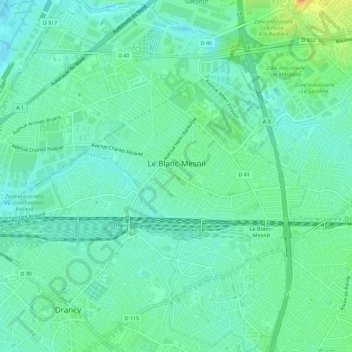 Топографическая карта Le Blanc-Mesnil, высота, рельеф