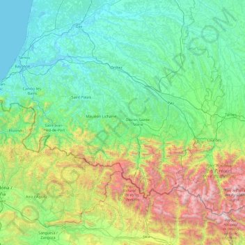 Топографическая карта Pyrénées-Atlantiques, высота, рельеф
