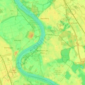 Топографическая карта Monheim am Rhein, высота, рельеф