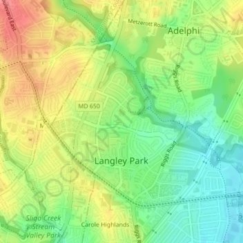 Топографическая карта Langley Park, высота, рельеф