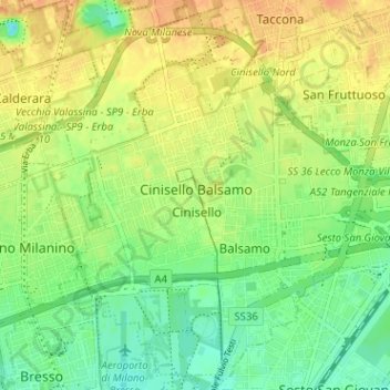 Топографическая карта Cinisello Balsamo, высота, рельеф