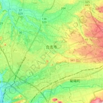Топографическая карта 合志市, высота, рельеф