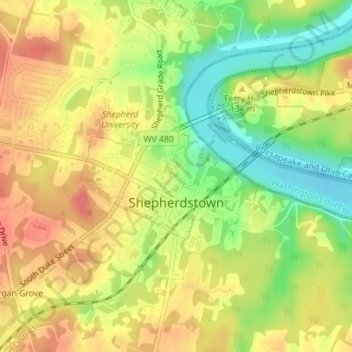 Топографическая карта Shepherdstown, высота, рельеф