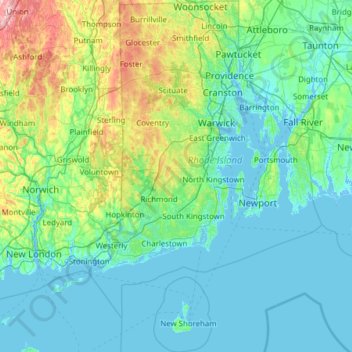 Топографическая карта Rhode Island, высота, рельеф