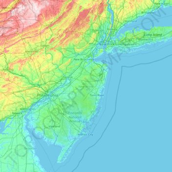 Топографическая карта Нью-Джерси, высота, рельеф