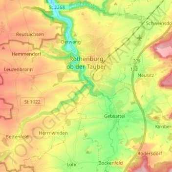 Топографическая карта Rothenburg ob der Tauber, высота, рельеф