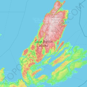 Топографическая карта Cape Breton Island, высота, рельеф
