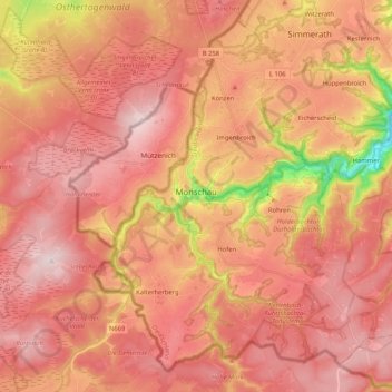 Топографическая карта Monschau, высота, рельеф