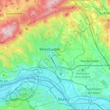 Топографическая карта Wiesbaden, высота, рельеф