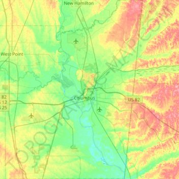 Топографическая карта Lowndes County, высота, рельеф
