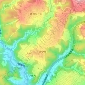 Топографическая карта 西伊敷, высота, рельеф