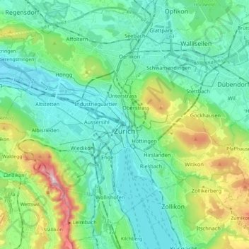 Топографическая карта Цюрих, высота, рельеф
