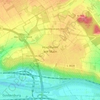 Топографическая карта Hochheim am Main, высота, рельеф