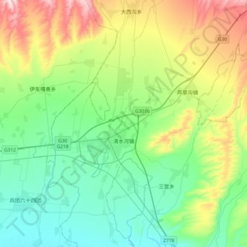 Топографическая карта 清水河镇, высота, рельеф