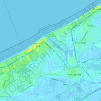Топографическая карта Nieuwpoort, высота, рельеф
