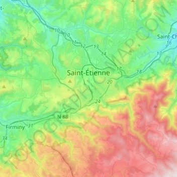 Топографическая карта Saint-Étienne, высота, рельеф