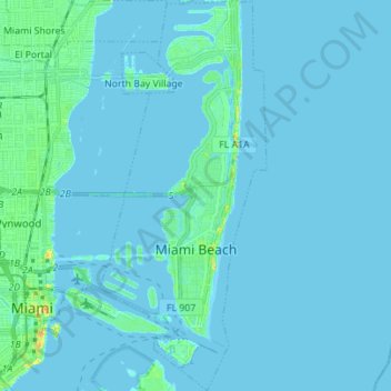 Топографическая карта Miami Beach, высота, рельеф