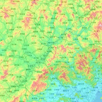 Топографическая карта 梅州市, высота, рельеф