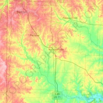 Топографическая карта Cass County, высота, рельеф
