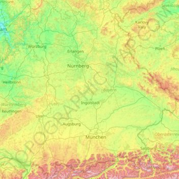 Топографическая карта Бавария, высота, рельеф
