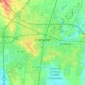 Топографическая карта Champaign, высота, рельеф