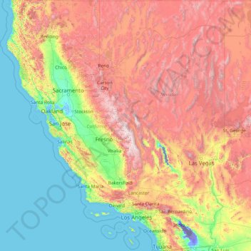 Топографическая карта Калифорния, высота, рельеф