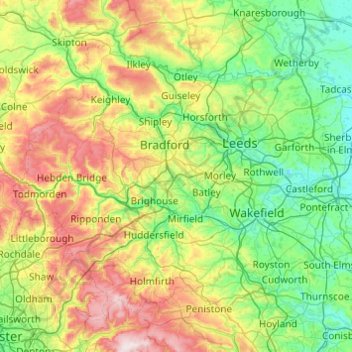 Топографическая карта West Yorkshire, высота, рельеф