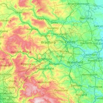 Топографическая карта West Yorkshire, высота, рельеф