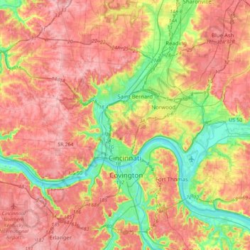 Топографическая карта Cincinnati, высота, рельеф