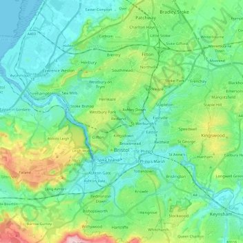 Топографическая карта Бристоль, высота, рельеф